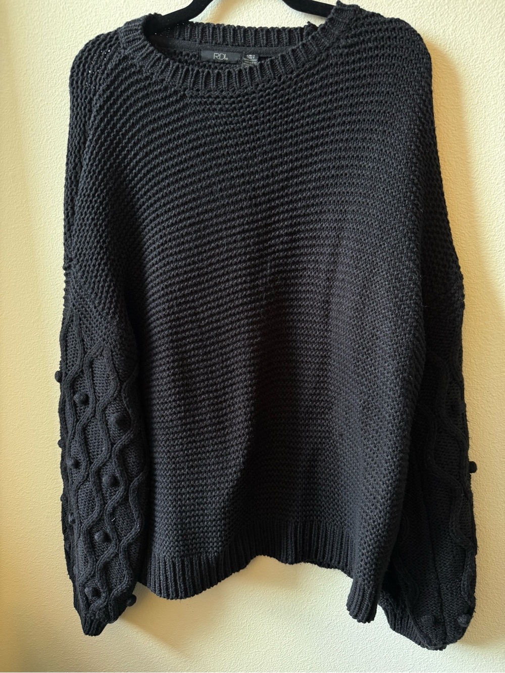 RDI Black Crewneck Sweater with Textured Cable Sleeves